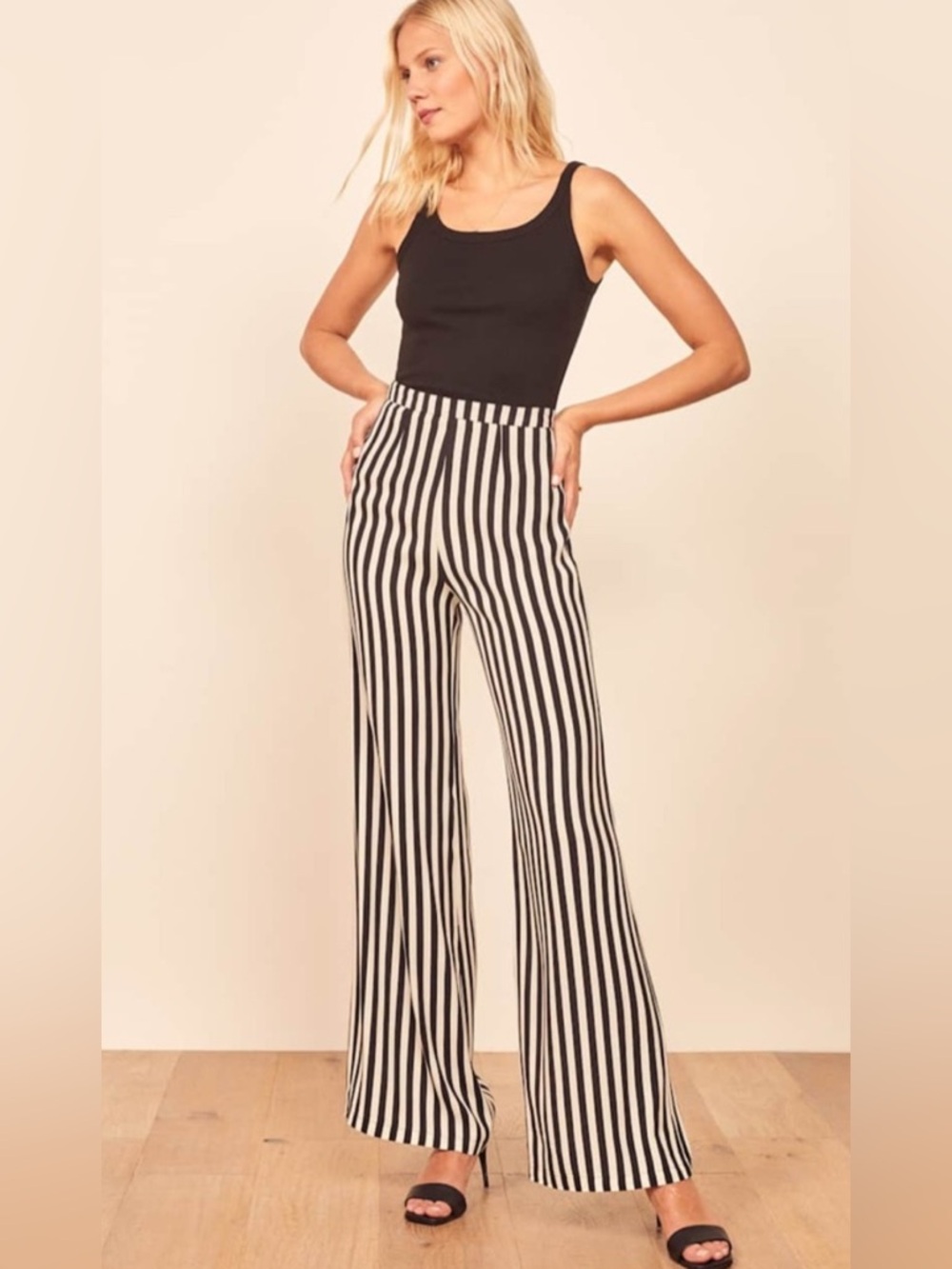 Reformation Wide Leg High-Rise Striped Pants - Black & White